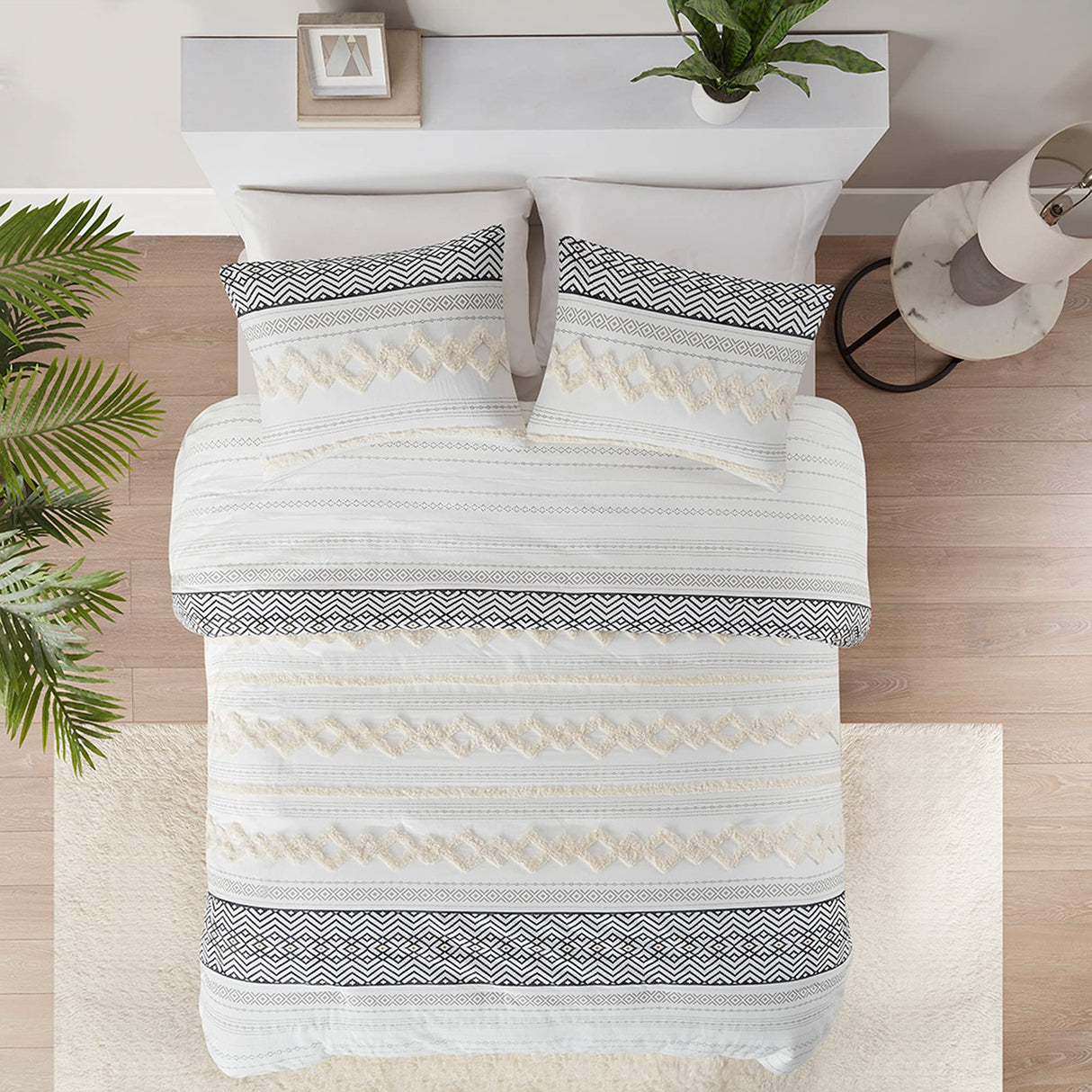 Farmhouse Bedding Comforter Sets King, Ivory Boho Bed Set