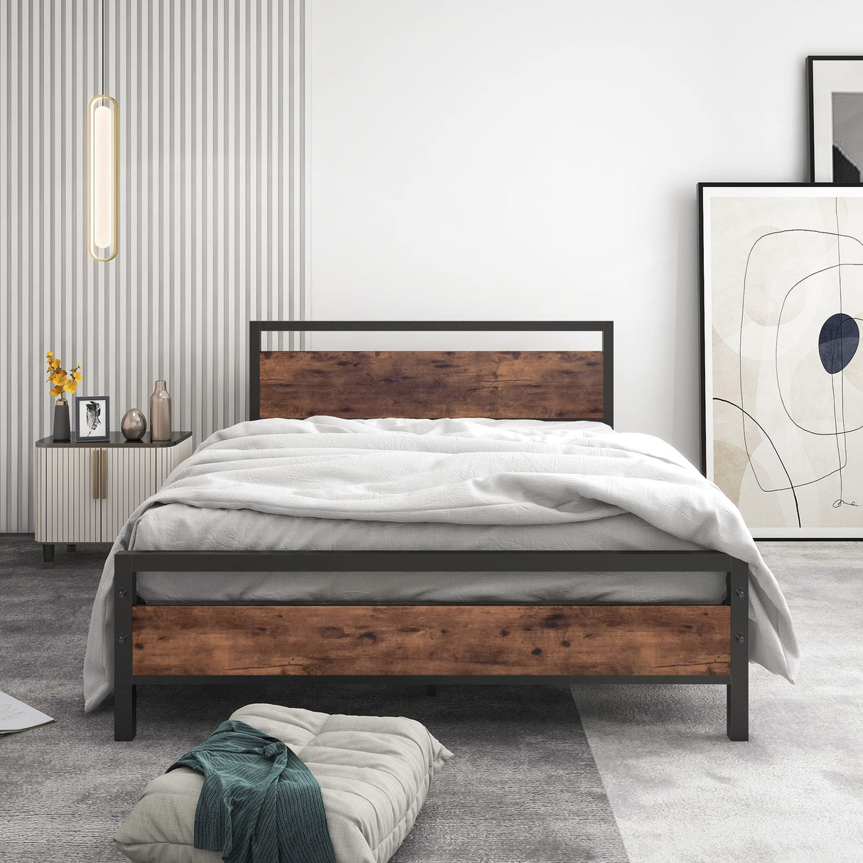 Full Size Bed Frame with Wood Headboard and Footboard/Heavy Duty Platform Bed Frame