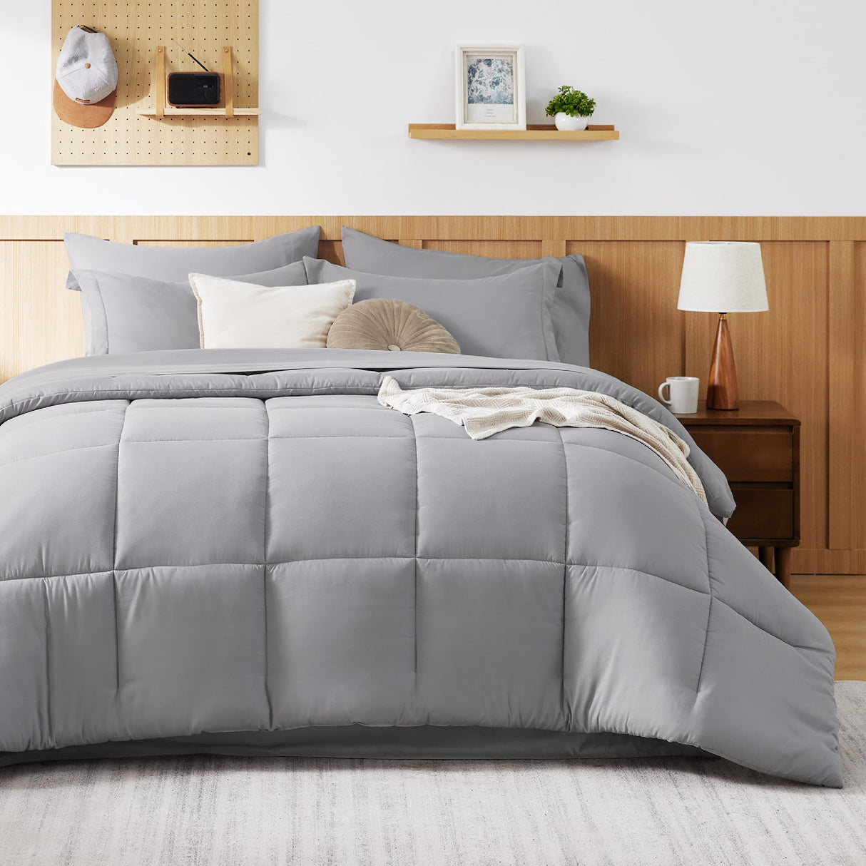 Queen Comforter Set - 7 Pieces Solid Grey Queen Bed in a Bag