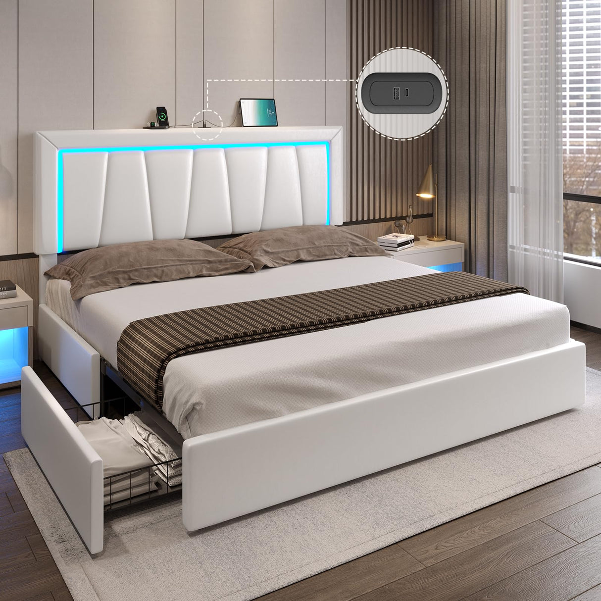 California King Bed Frame with 4 Drawers, USB Ports and Led Lights Faux Leather