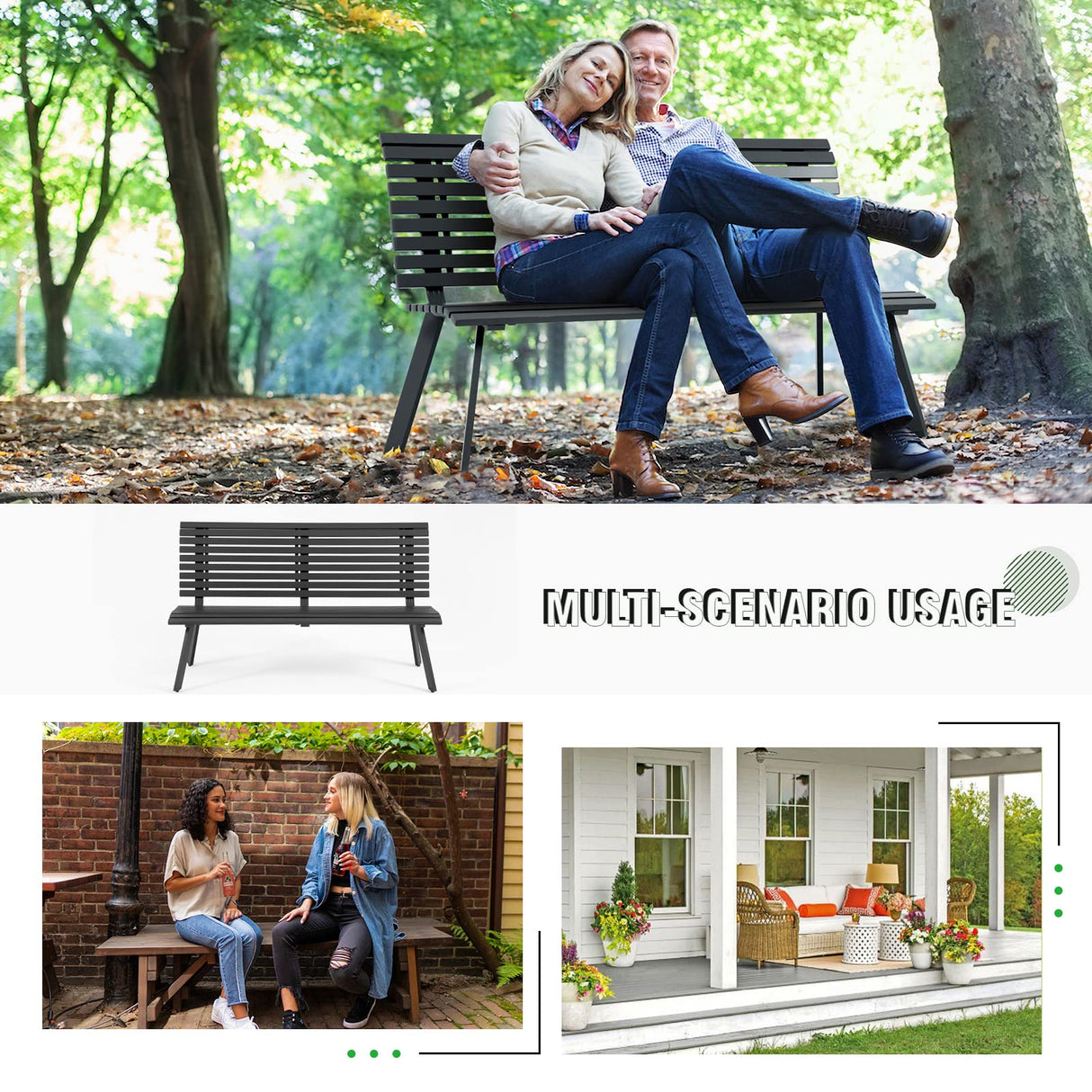 Outdoor Aluminum Garden Bench, Patio Porch Chair Furniture, Slatted Design