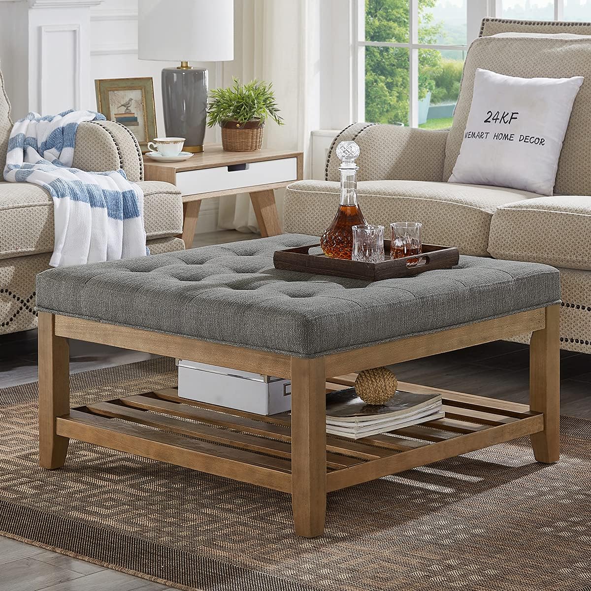 Large Square Upholstered Tufted Linen Ottoman Coffee Table