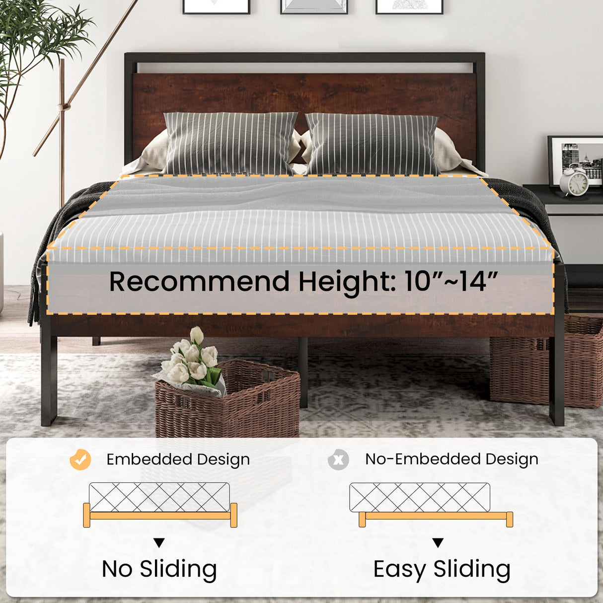14 Inch Full Size Metal Platform Bed Frame with Wooden Headboard and Footboard
