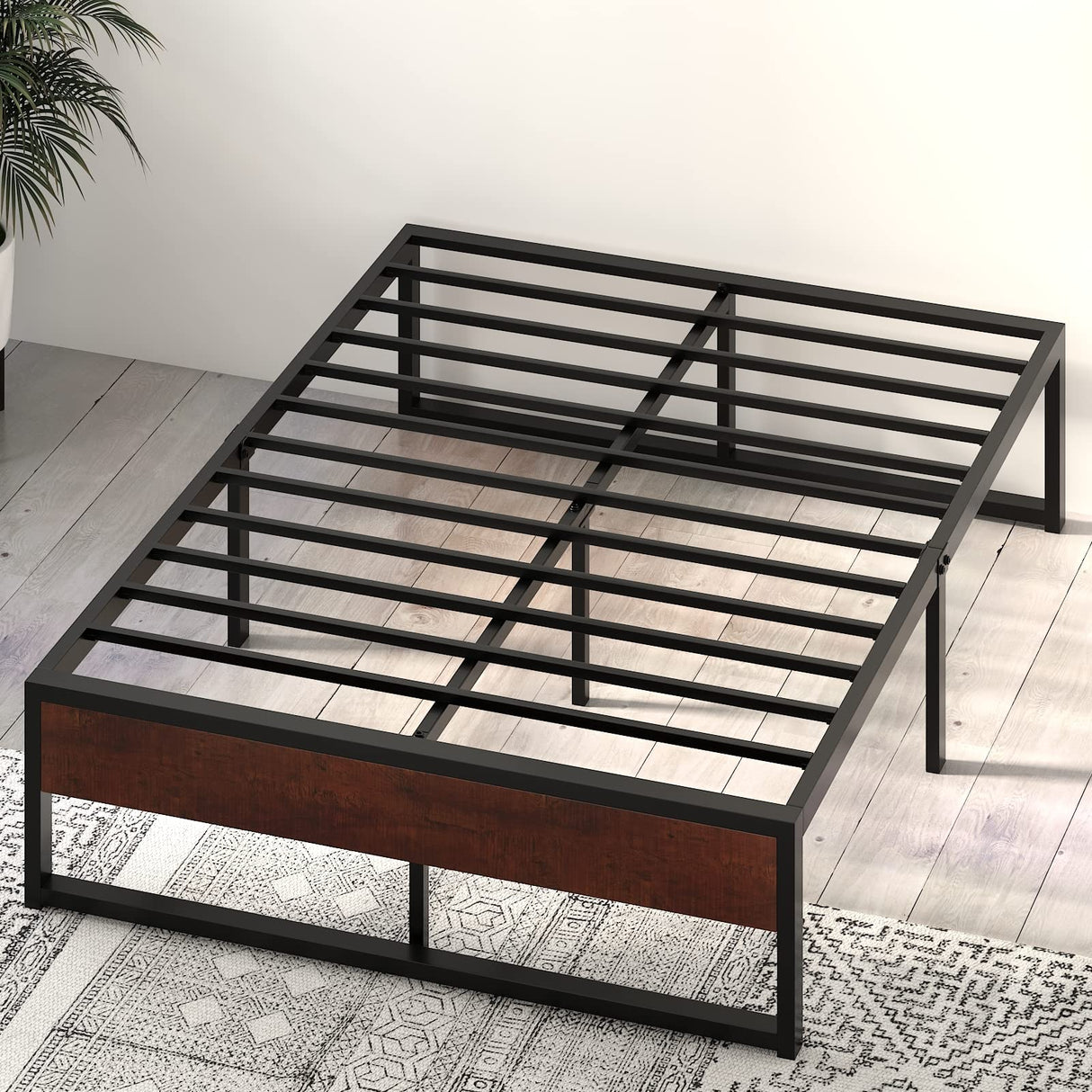 14'' Queen Size Metal Platform Bed Frame with Rustic Wood & Reverse Holes/Ample Under