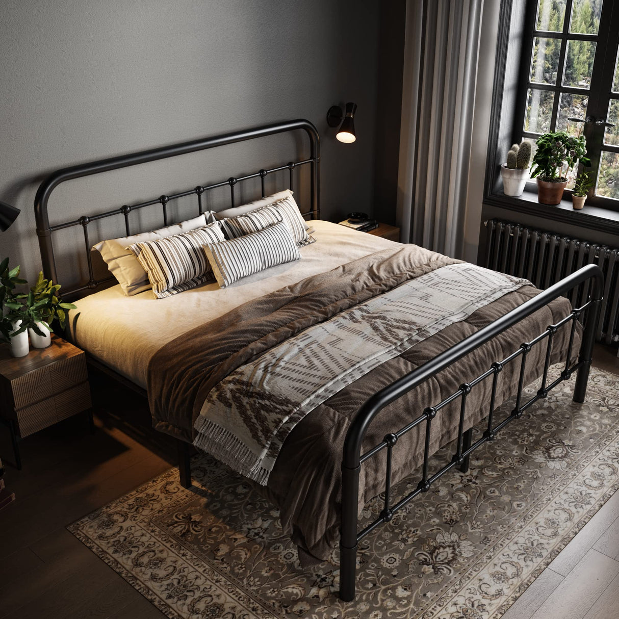 Queen Size Metal Platform Bed Frame with Victorian Style Wrought