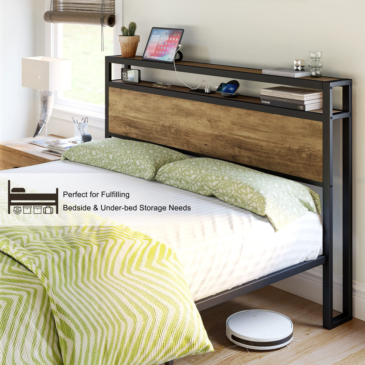 Queen Size Bed Frame, Platform Bed Frame with 2-Tier Storage Headboard and Charging