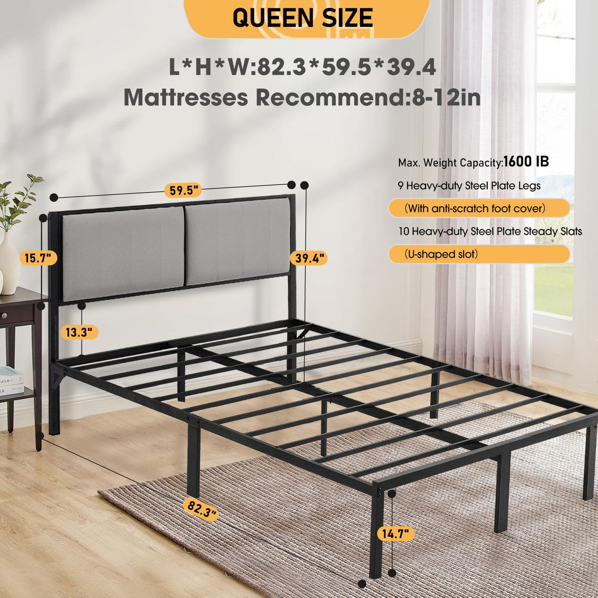 Upholstered Bed Frame Queen Size with Headboard(Deluxe PU Leather