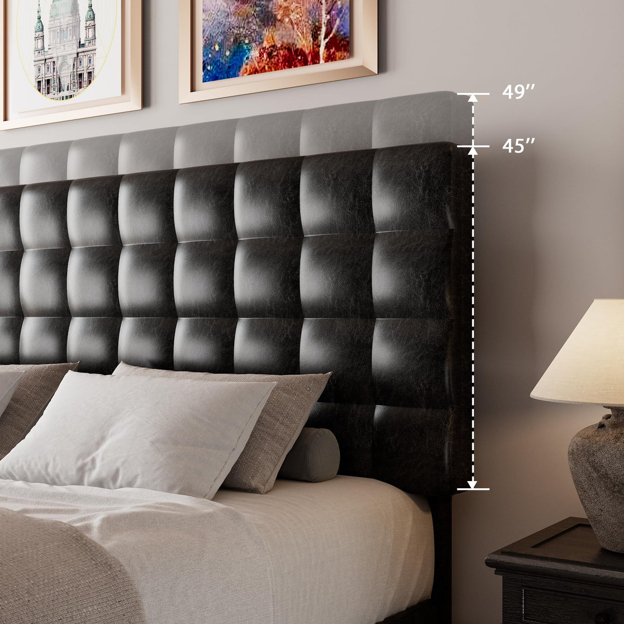 King Size Bed Frame with Square Stitched Headboard, Faux Leather