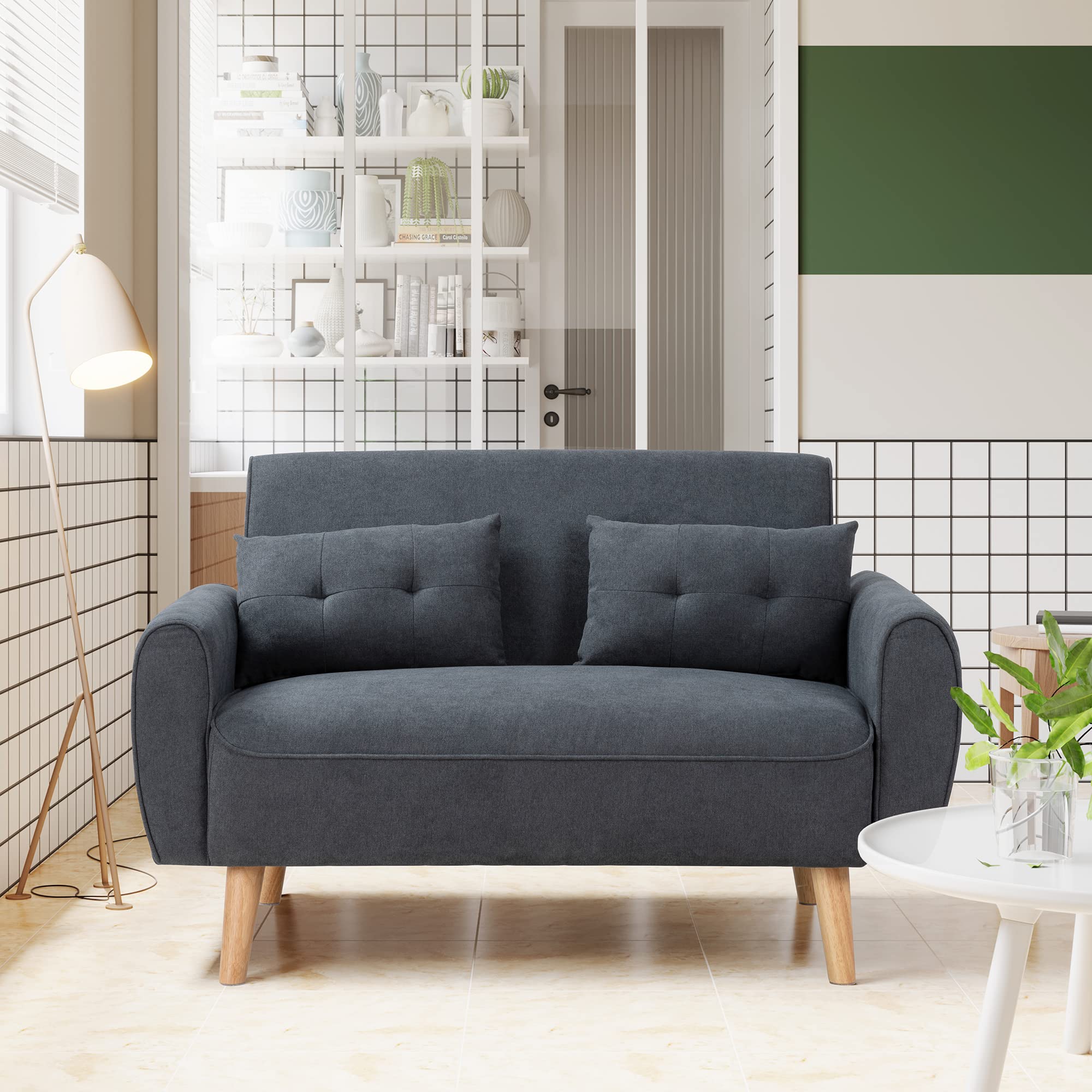 47" Small Modern Loveseat Sofa, Mid Century Linen Fabric 2-Seat Sofa