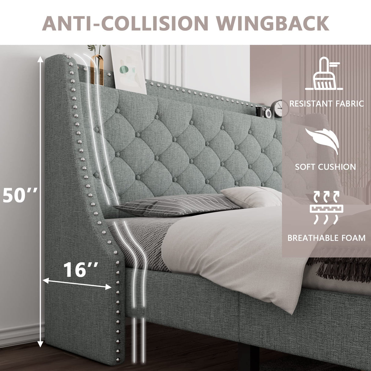 Luxury Diamond-Tufted Wingback Bed Frame – Upholstered Platform Bed