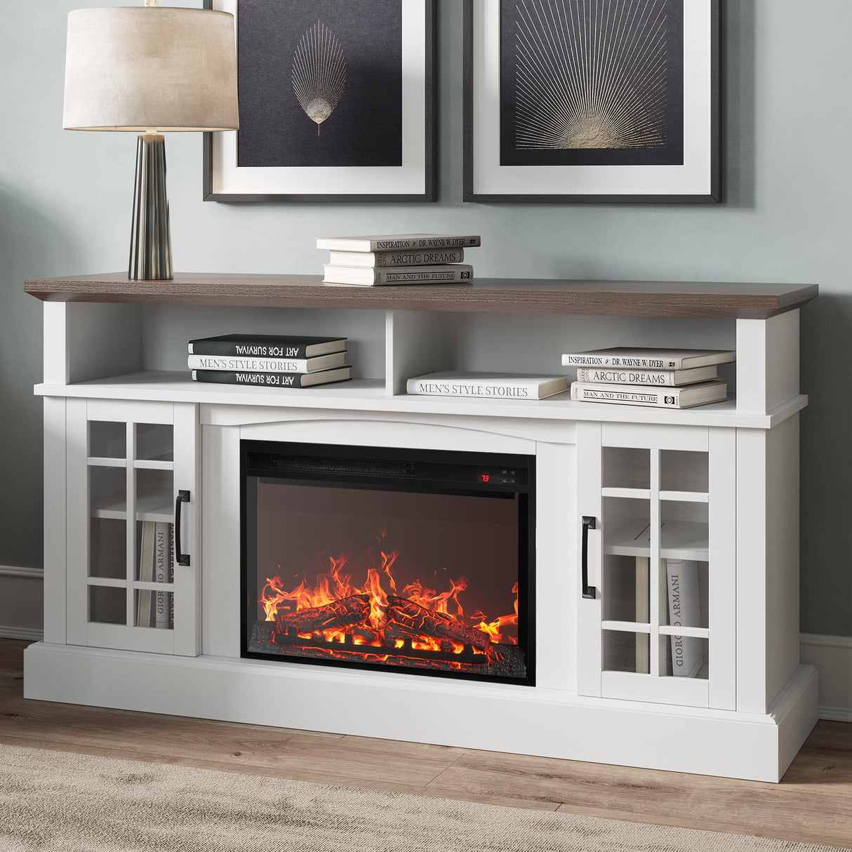 Traditional 58" Rustic TV Stand with 23" Electric Fireplace Heater