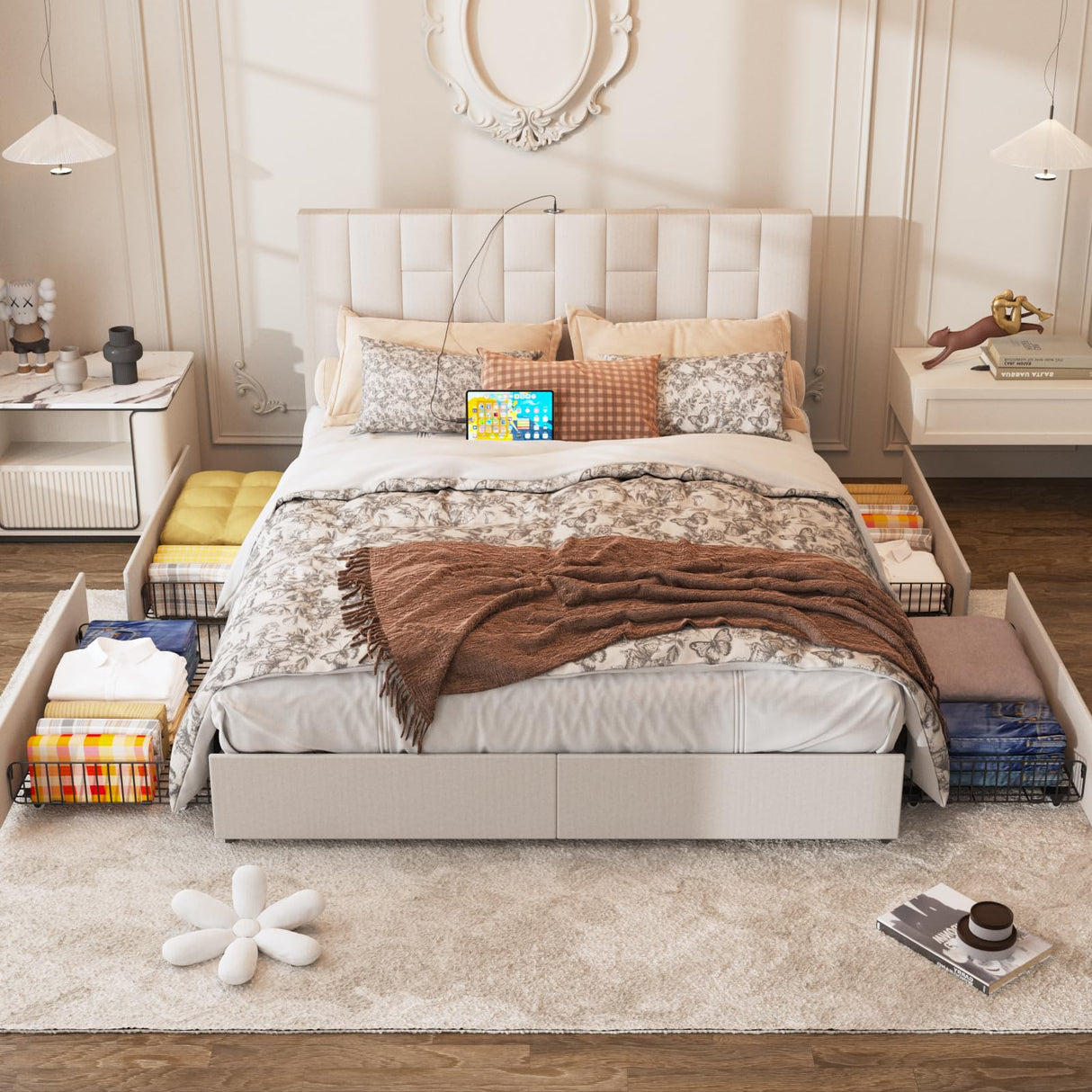 King Size Bed Frame with 4 Storage Drawers, Upholstered Platform Bed Frame