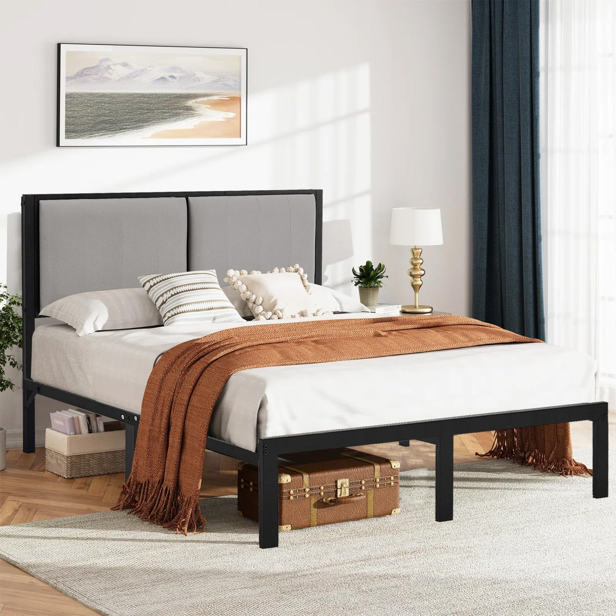 Upholstered Bed Frame Queen Size with Headboard(Deluxe PU Leather