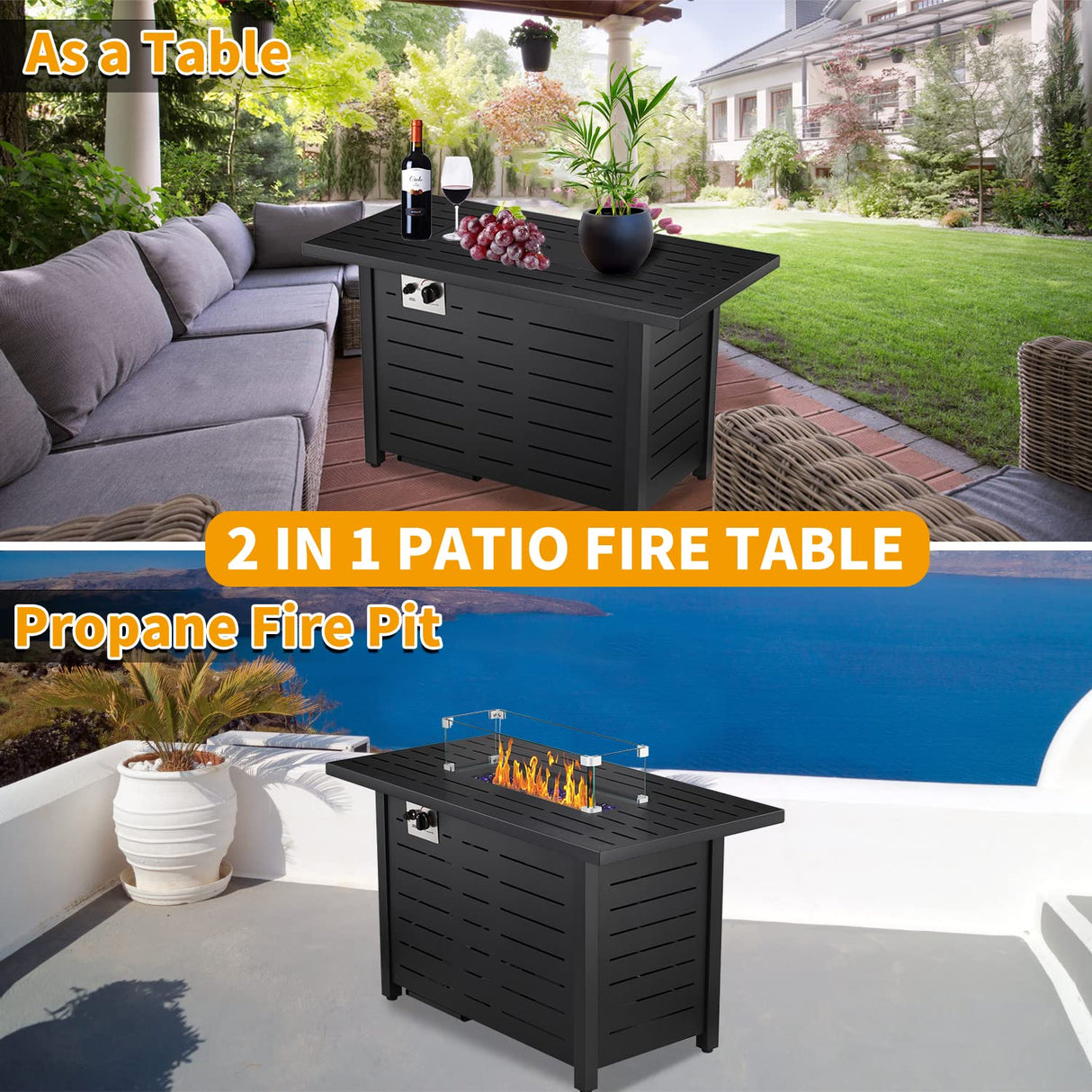 Fire Pit Propane Gas FirePit Table 43" Outdoor Fire Pit Tabletop with Lid