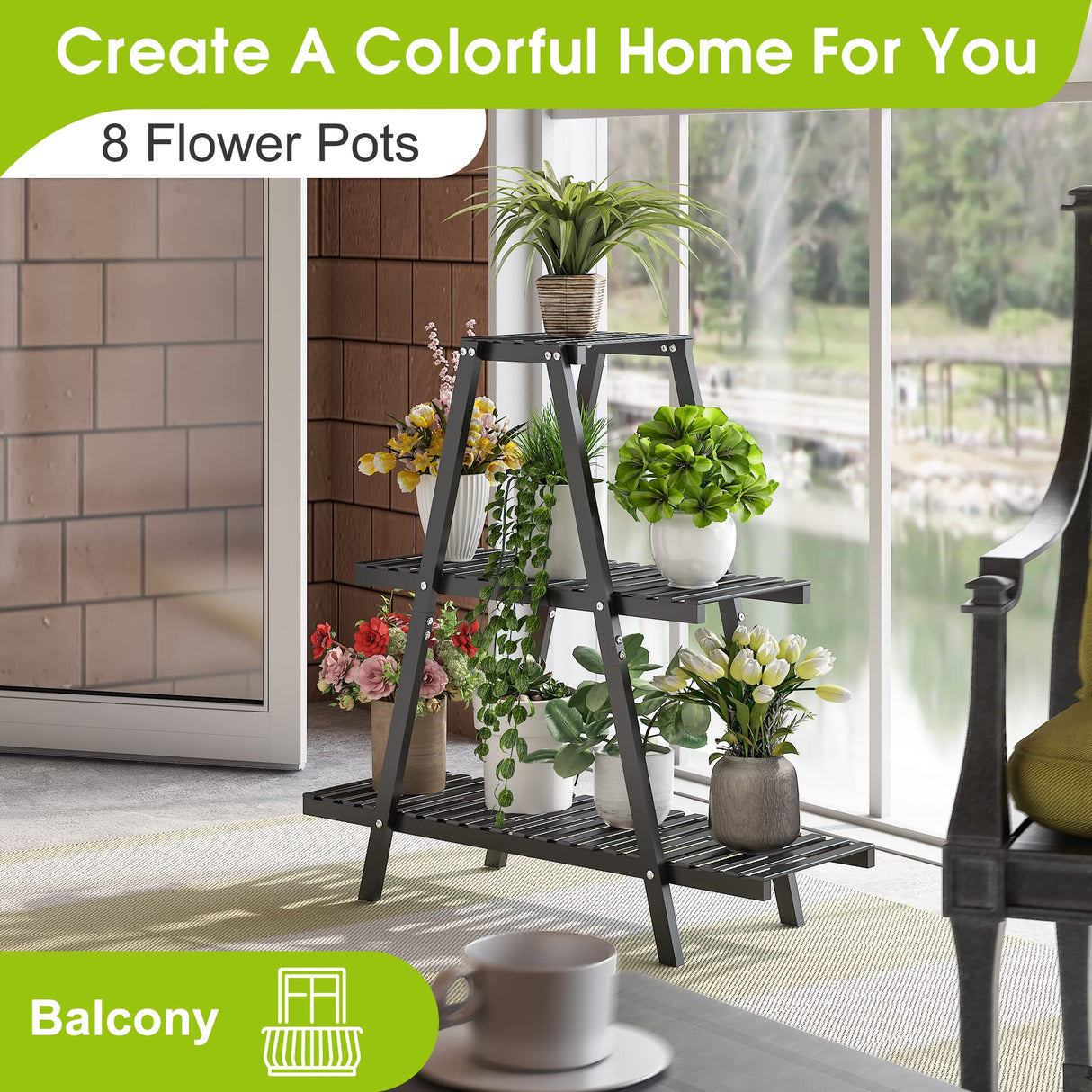 BMOSU 3-Tier Bamboo Plant Stand – Triangular Black Display Rack