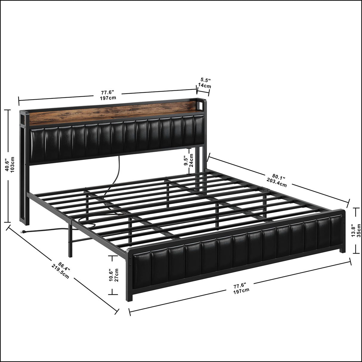 King Bed Frame with Storage Headboard & Footboard, Upholstered Platform Bed with USB