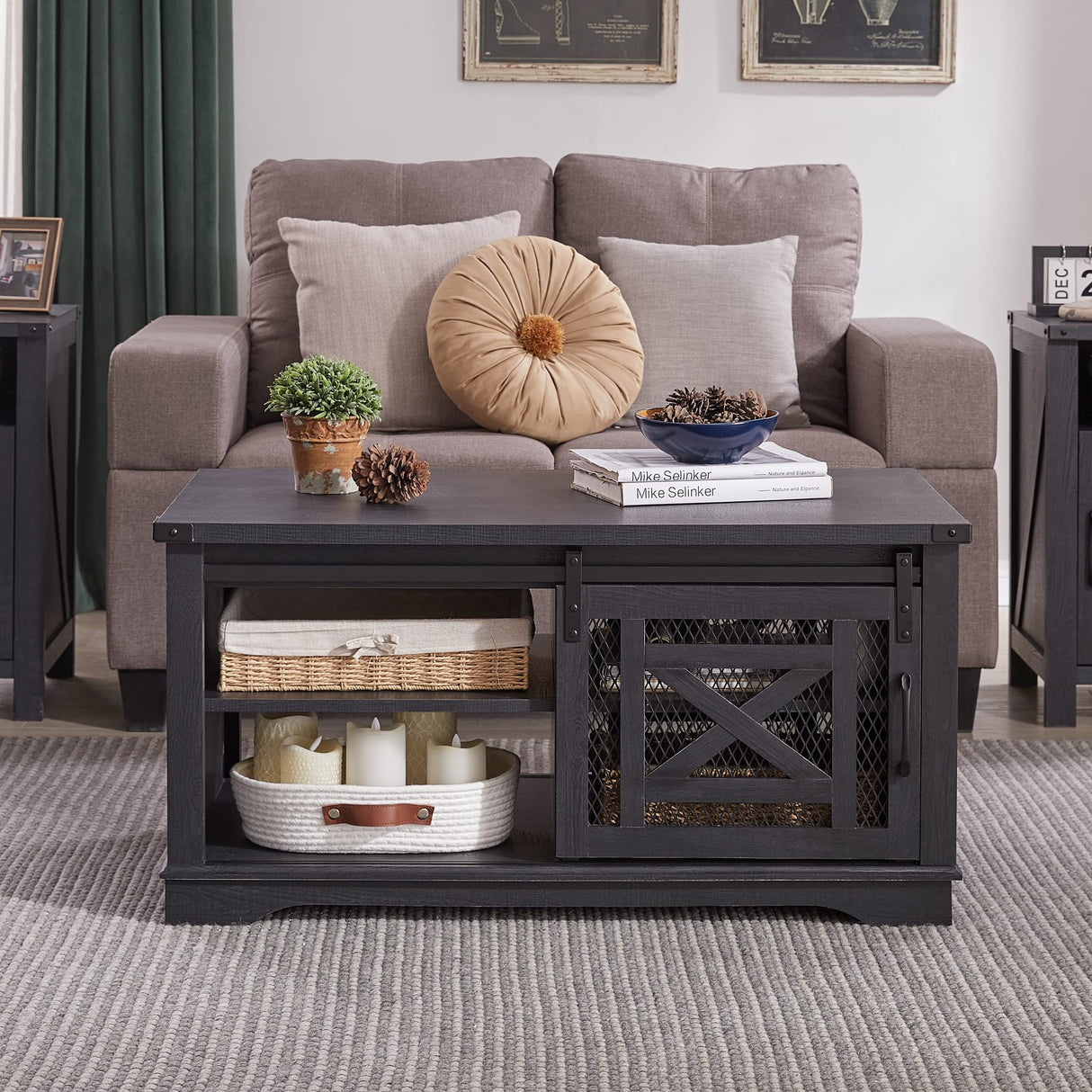 Rustic Center Table with Dual Side Sliding Barn Doors and Storage Cabinets Shelves