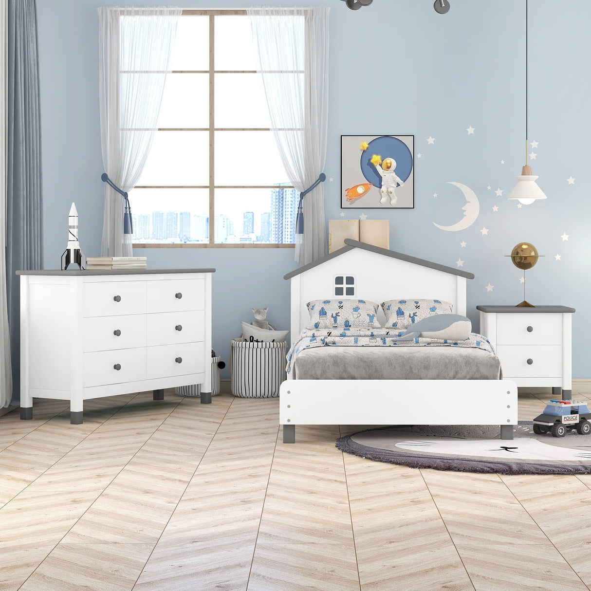 White+Gray 3 Pieces Modern Rustic Wood Furniture Kids House Bed Frame