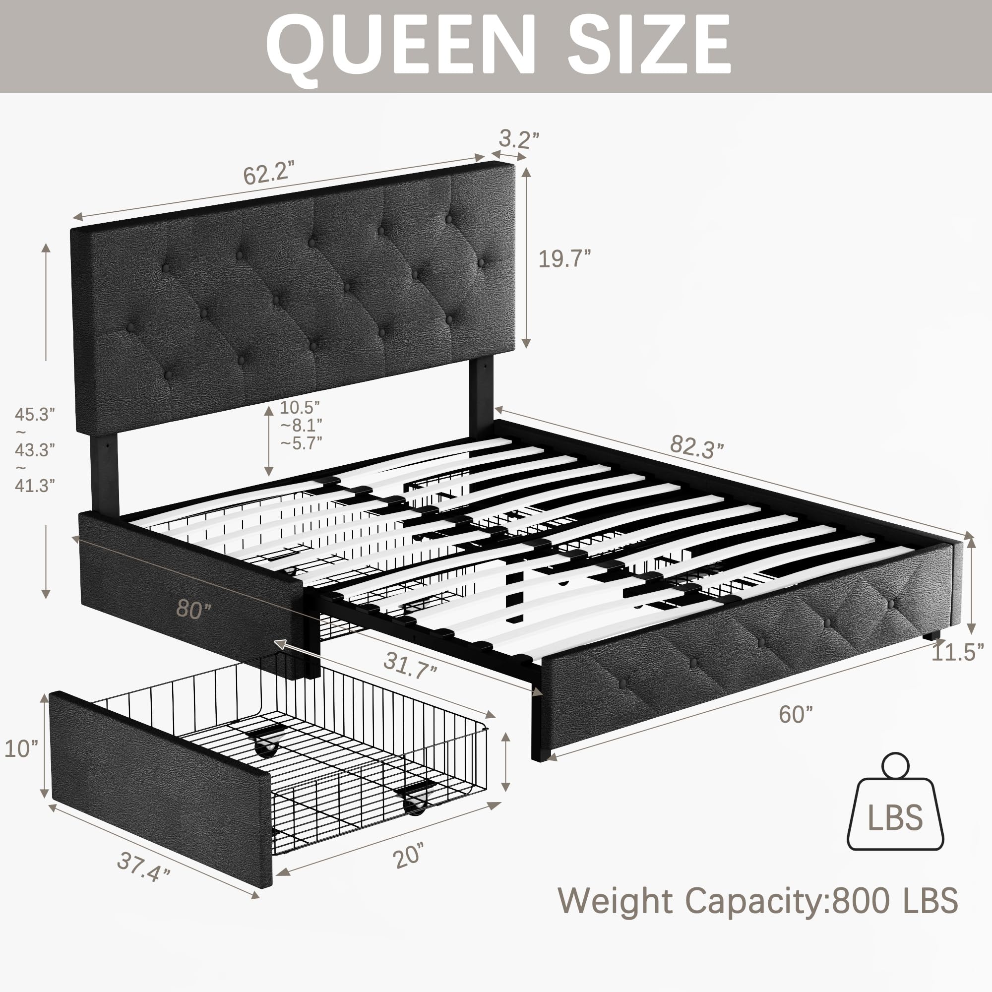 LuxeRest Upholstered Bed – Storage Drawers & Adjustable Headboard