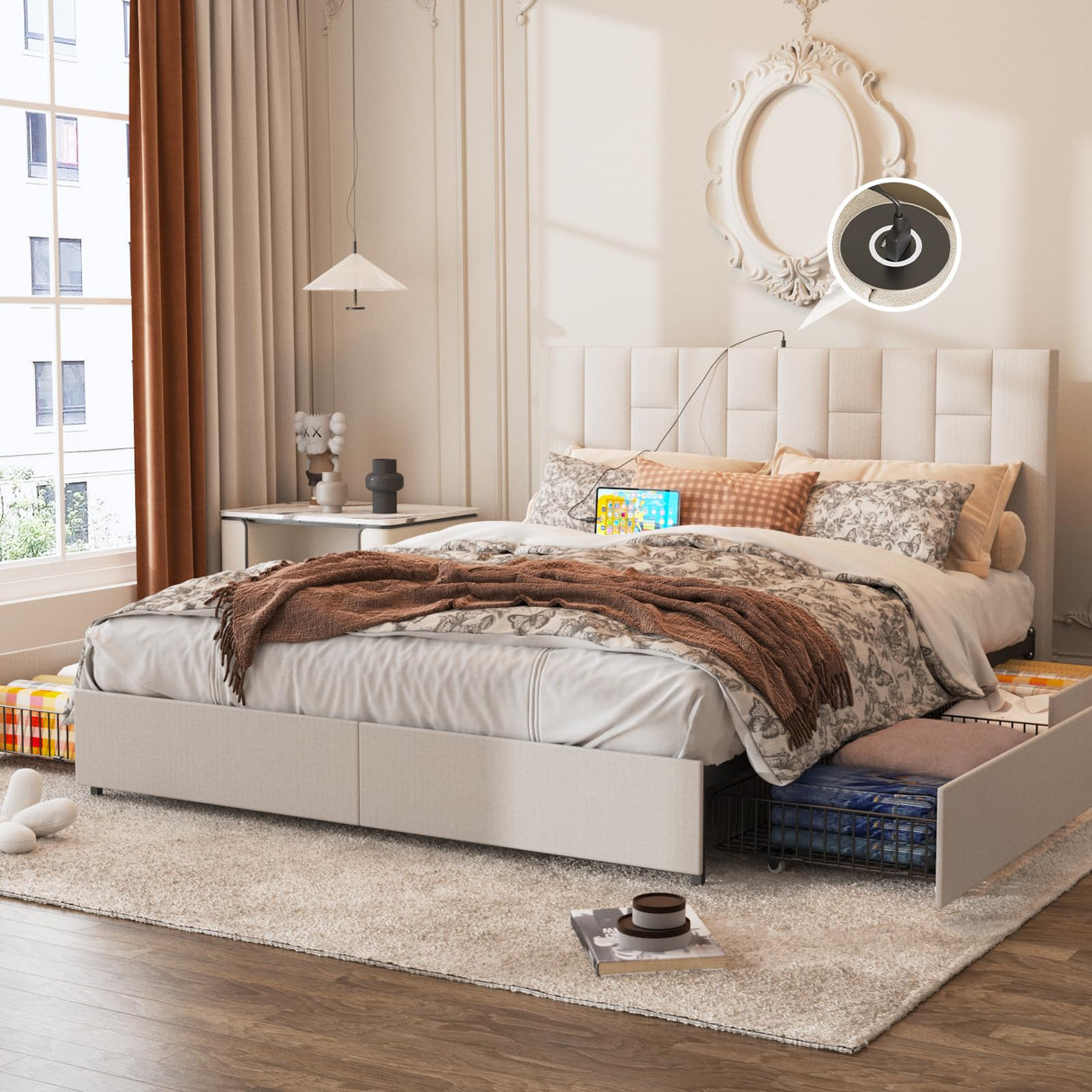 King Size Bed Frame with 4 Storage Drawers, Upholstered Platform Bed Frame