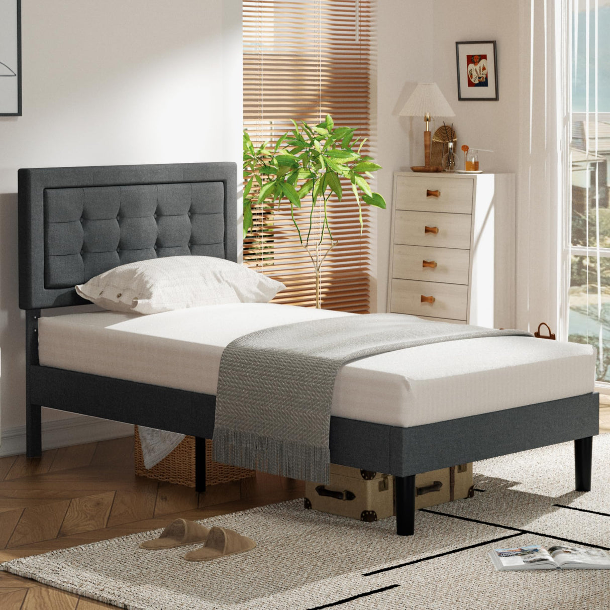 Twin Size Upholstered Bed Frame with Height