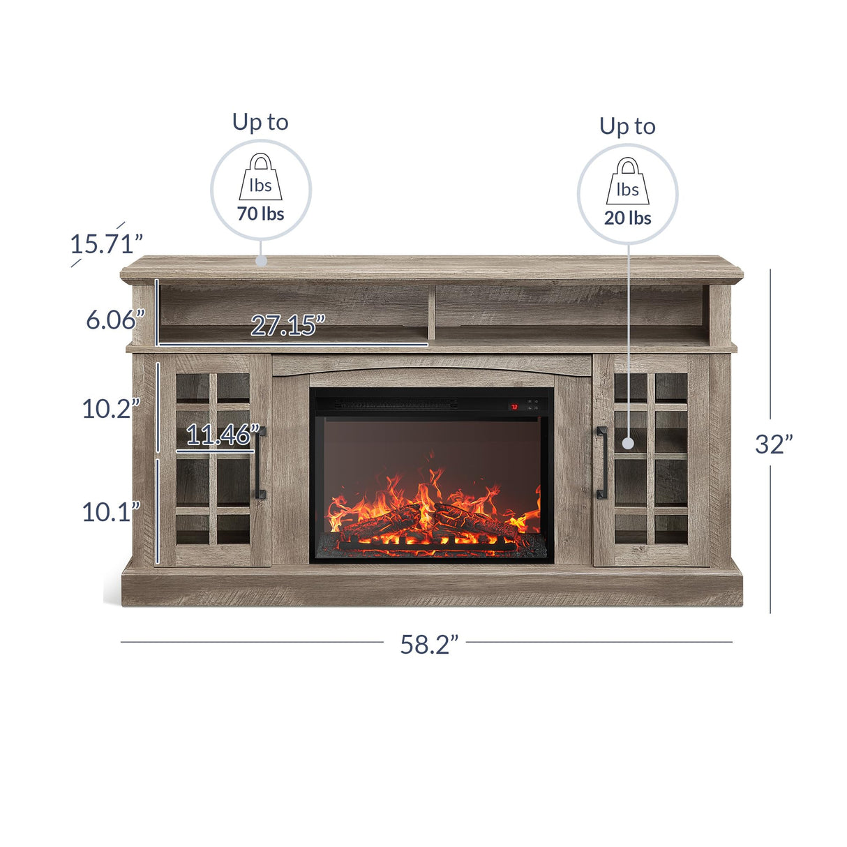 Traditional 58" Rustic TV Stand with 23" Electric Fireplace Heater
