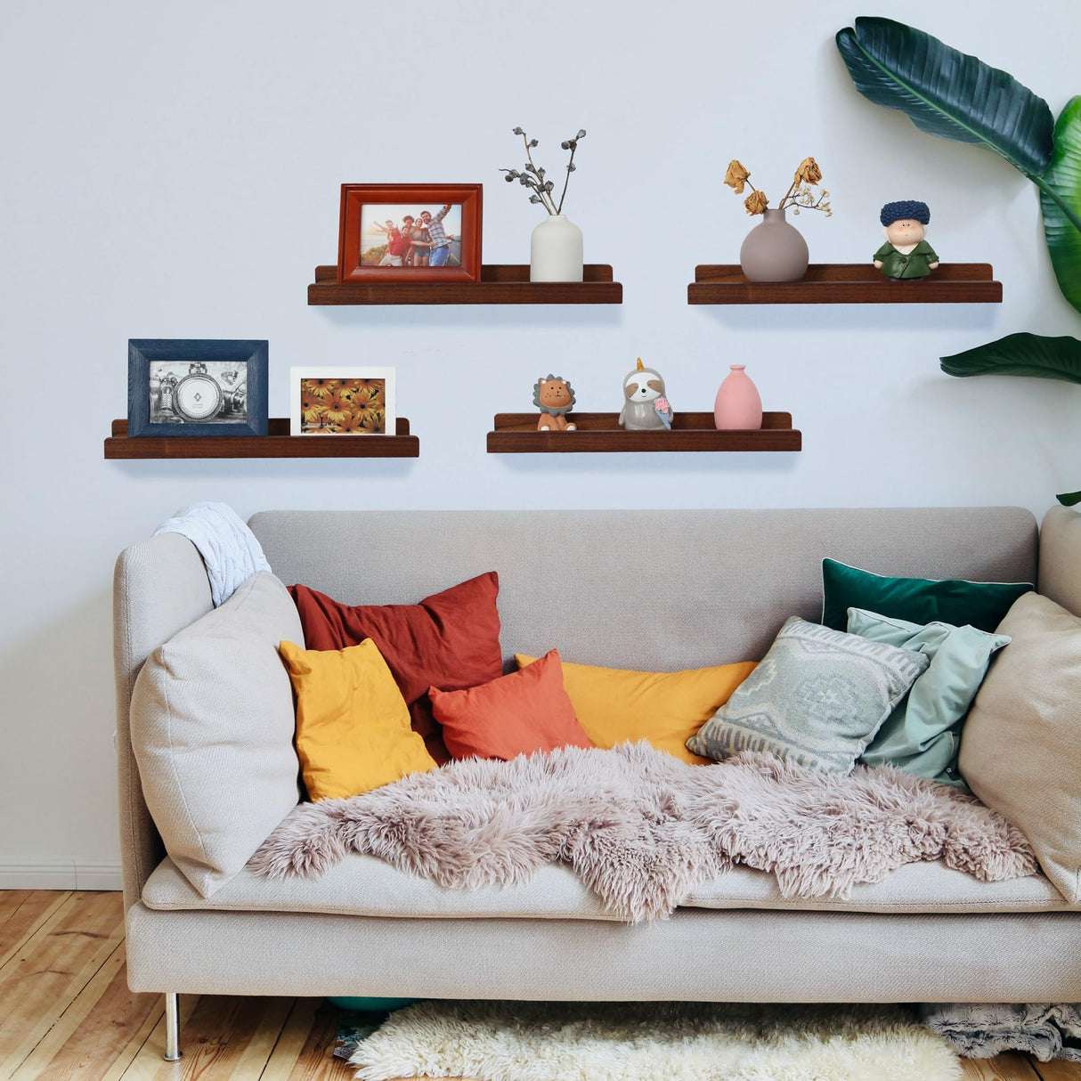 Picture Shelf with Ledge,Photo Ledge Shelves Set of 4,Rustic Wood Storage Display Wall