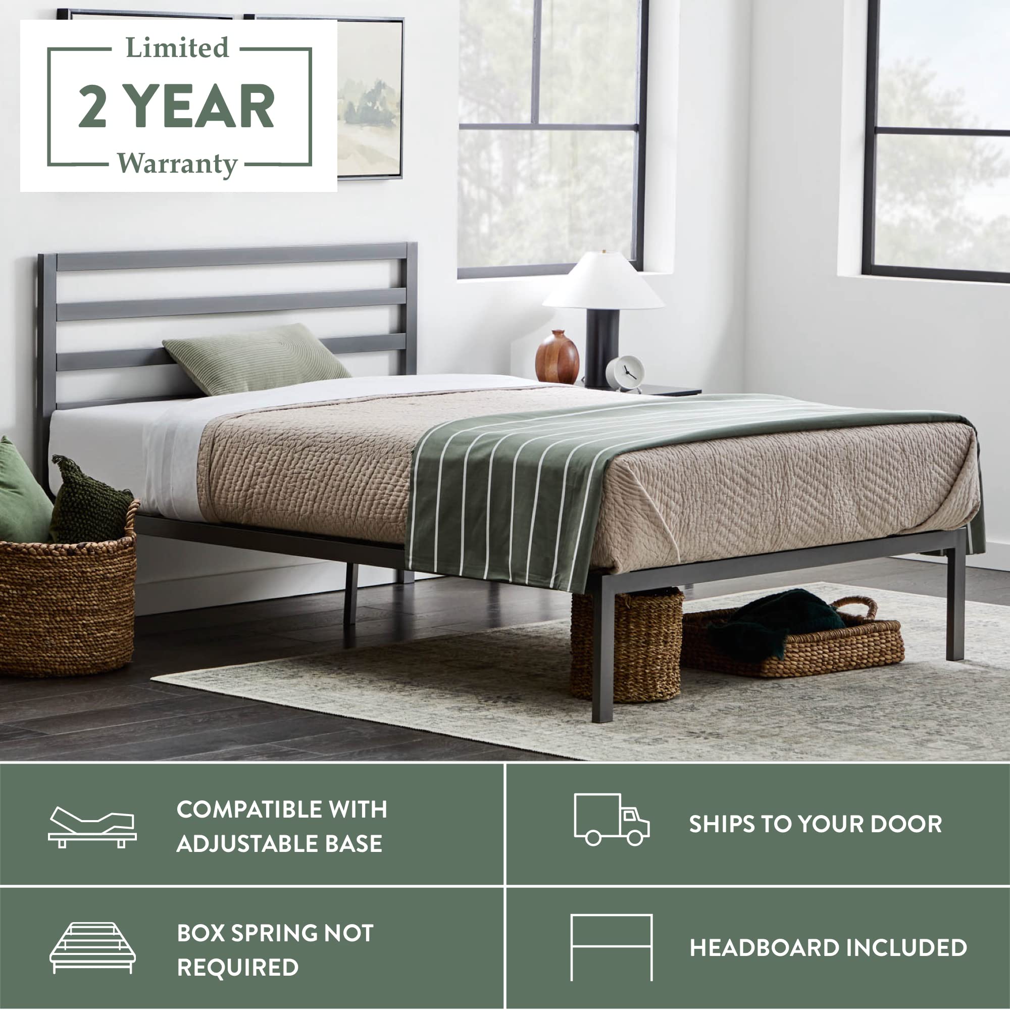 Cassidy Metal Platform Bed Frame with Metal Headboard - Box Spring Not Required