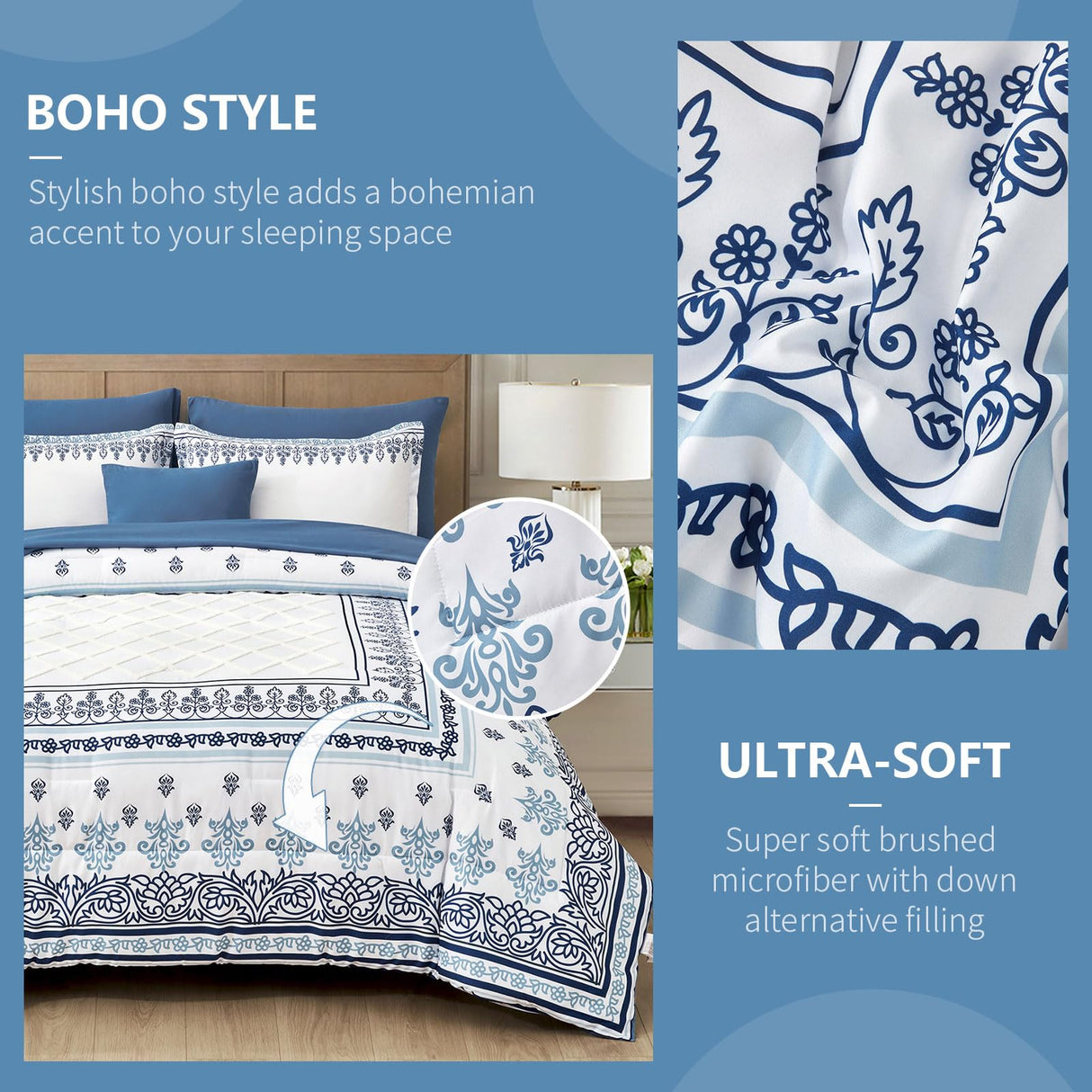 8 Pieces Blue Floral White Tufted Bedding Bed in a Bag Sets