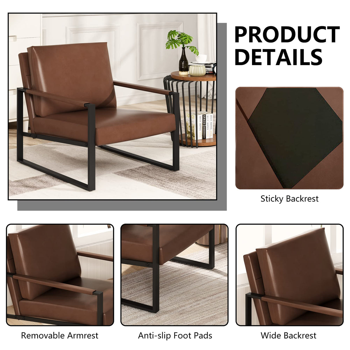 Modern PU Leather Accent Chair Arm Chair with Extra-Thick Padded Backrest