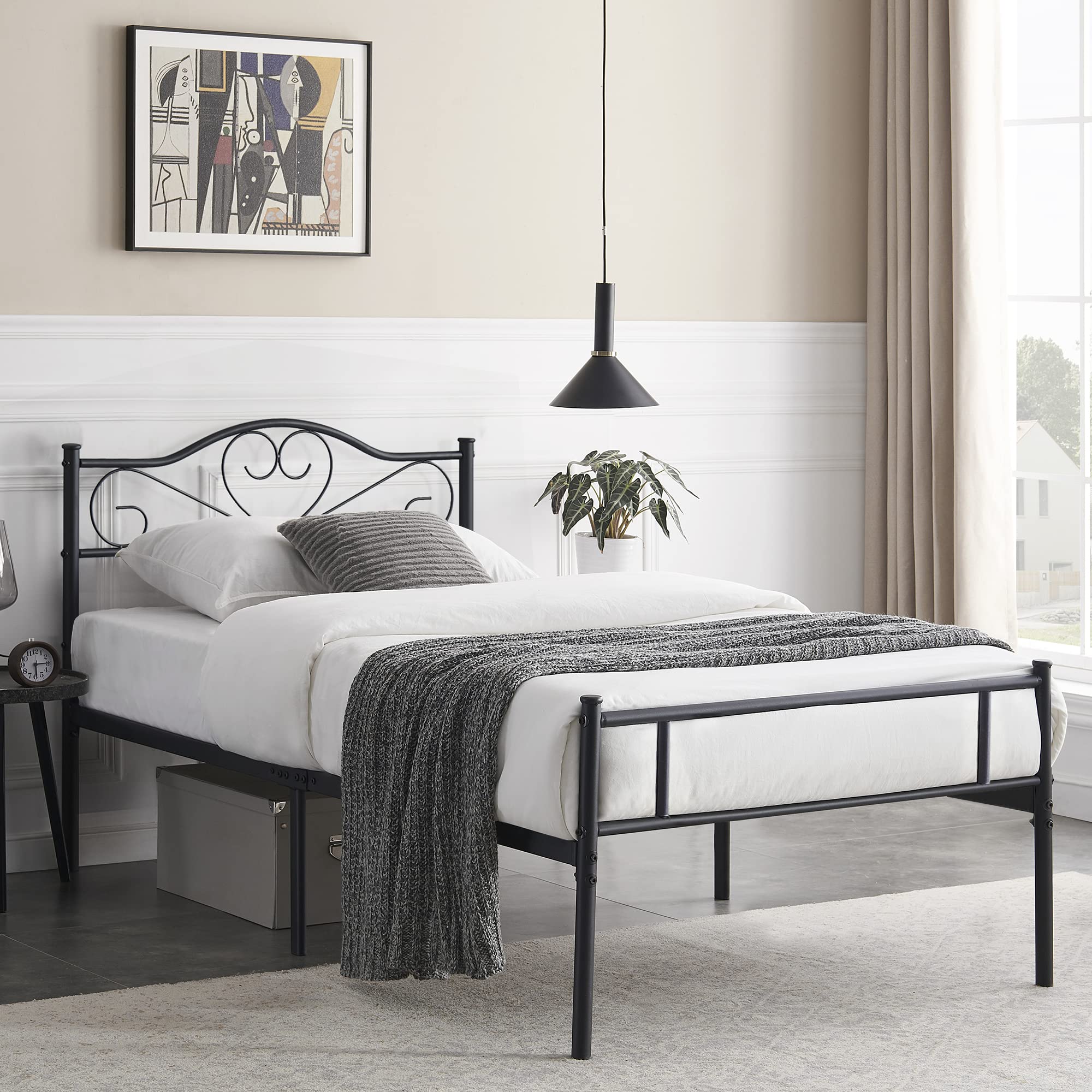 Metal Platform Bed Frame with Headboard & Footboard, Steel Slats Mattress Foundation