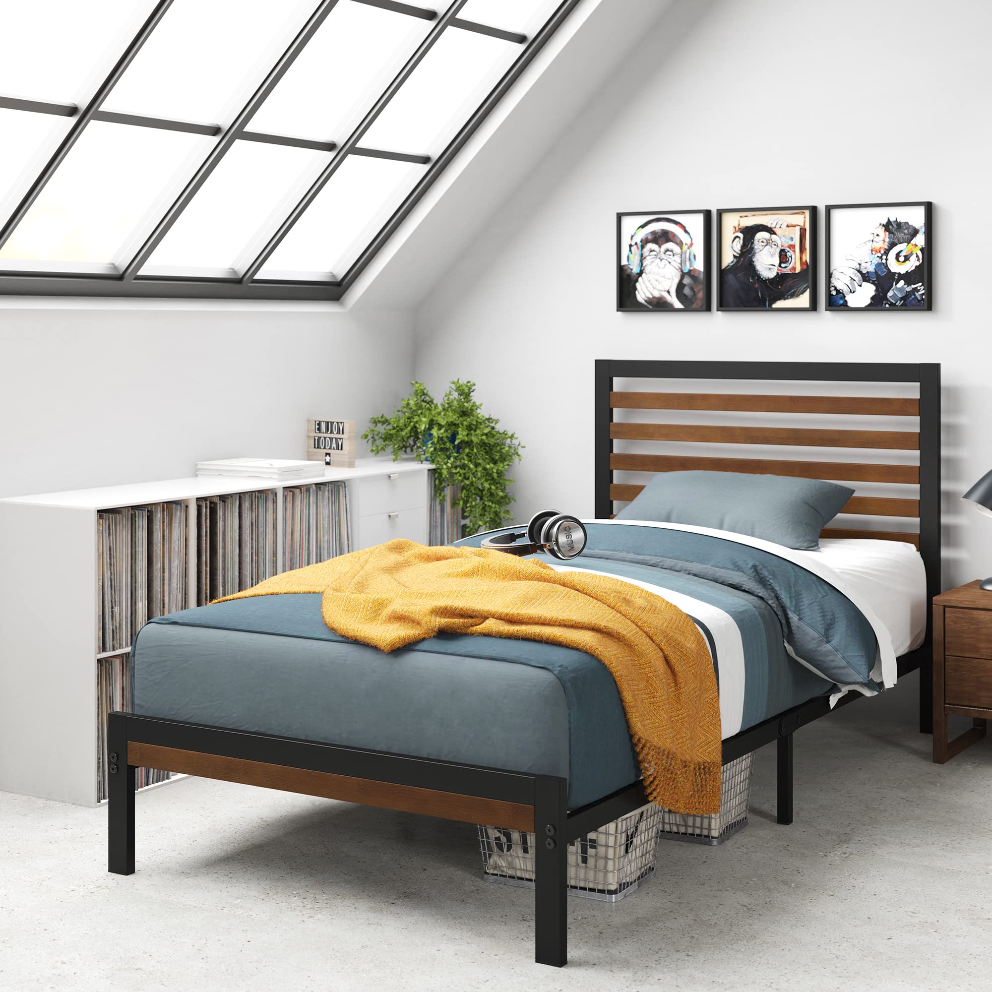 Kai Bamboo and Metal Platform Bed Frame with Headboard / No Box Spring Needed