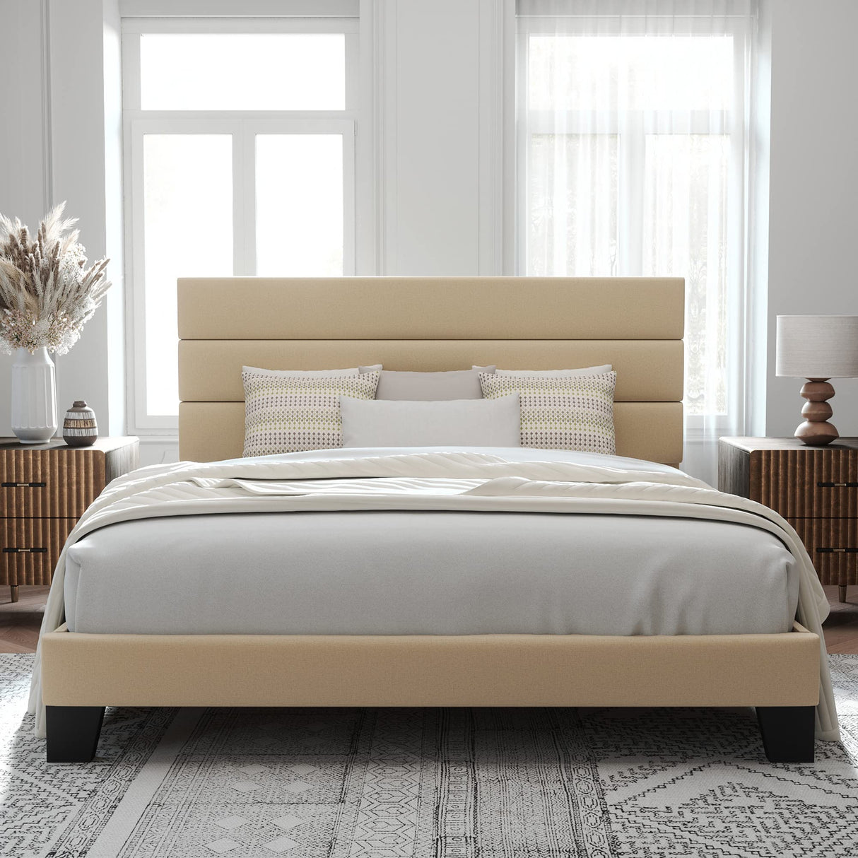 King Size Platform Bed Frame with Fabric Upholstered Headboard