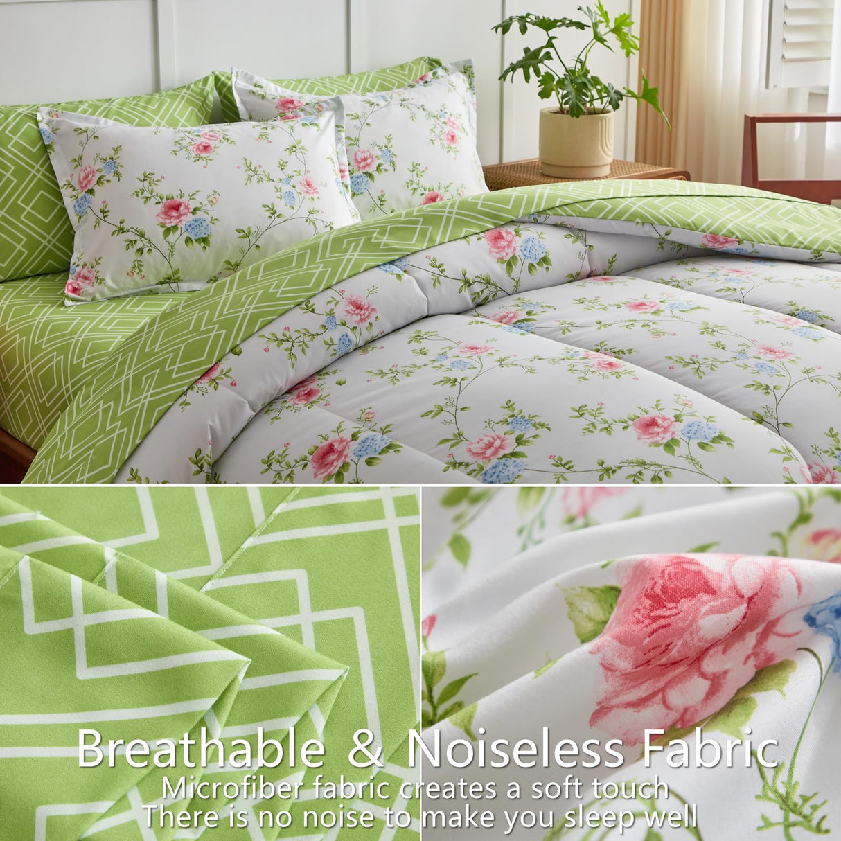 Bed in a Bag 7 Pieces - Floral Print - Soft Microfiber, Reversible Bed Comforter Set