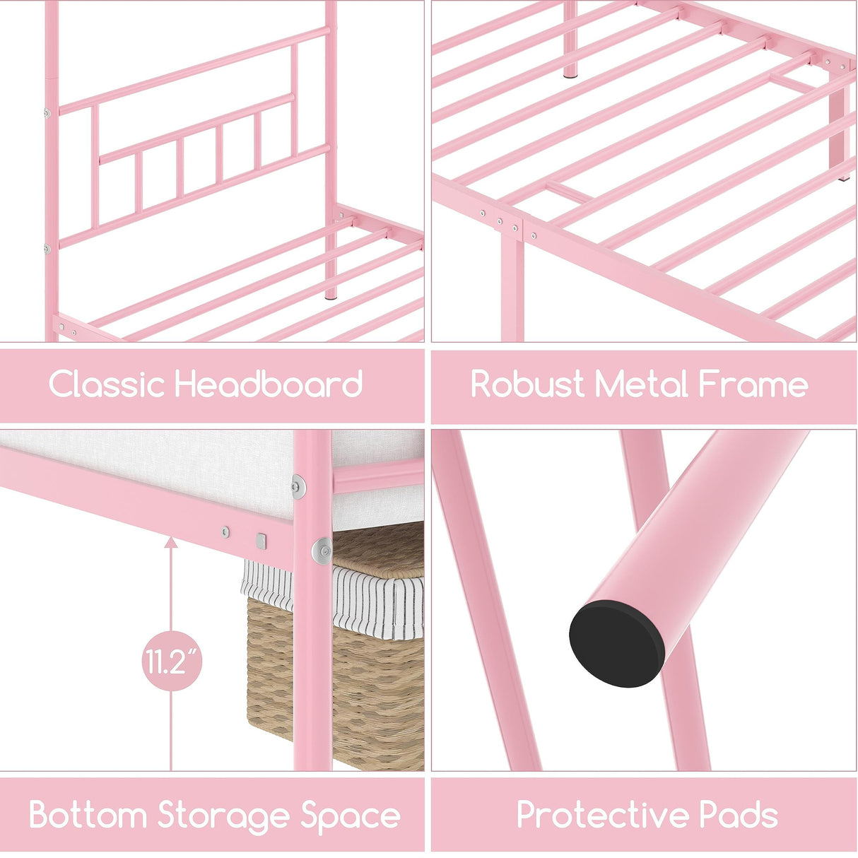 Twin Metal Canopy Bed Frame, Pink, 77.5" L x 41" W x 78" H, 350 lb Weight Capacity