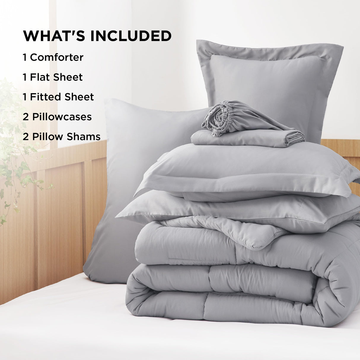 Queen Comforter Set - 7 Pieces Solid Grey Queen Bed in a Bag