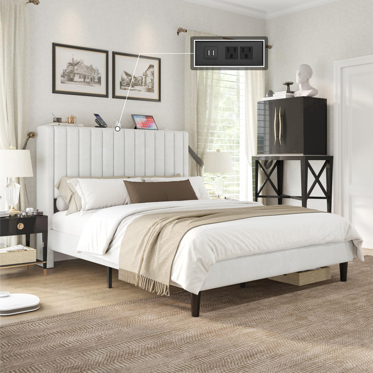 Queen Size Bed Frame, Velvet Upholstered Platform Bed