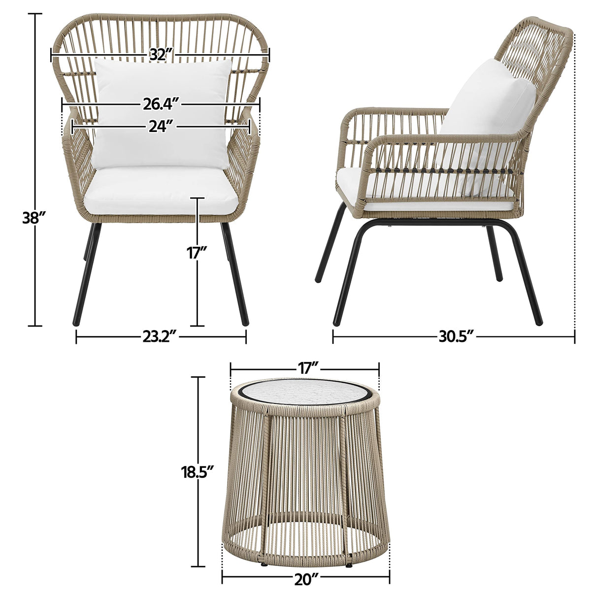 3-Piece Patio Bistro Conversation Set, Outdoor All-Weather Wicker Set