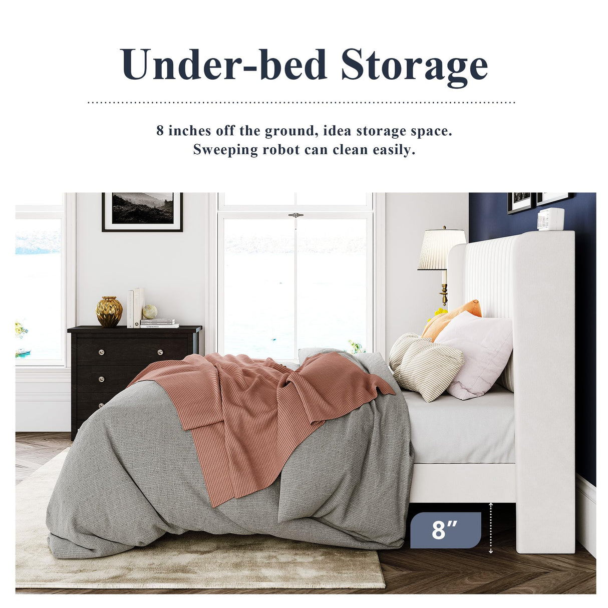 Queen Size Velvet Bed Frame/Vertical Channel Tufted Wingback Headboard/Upholstered