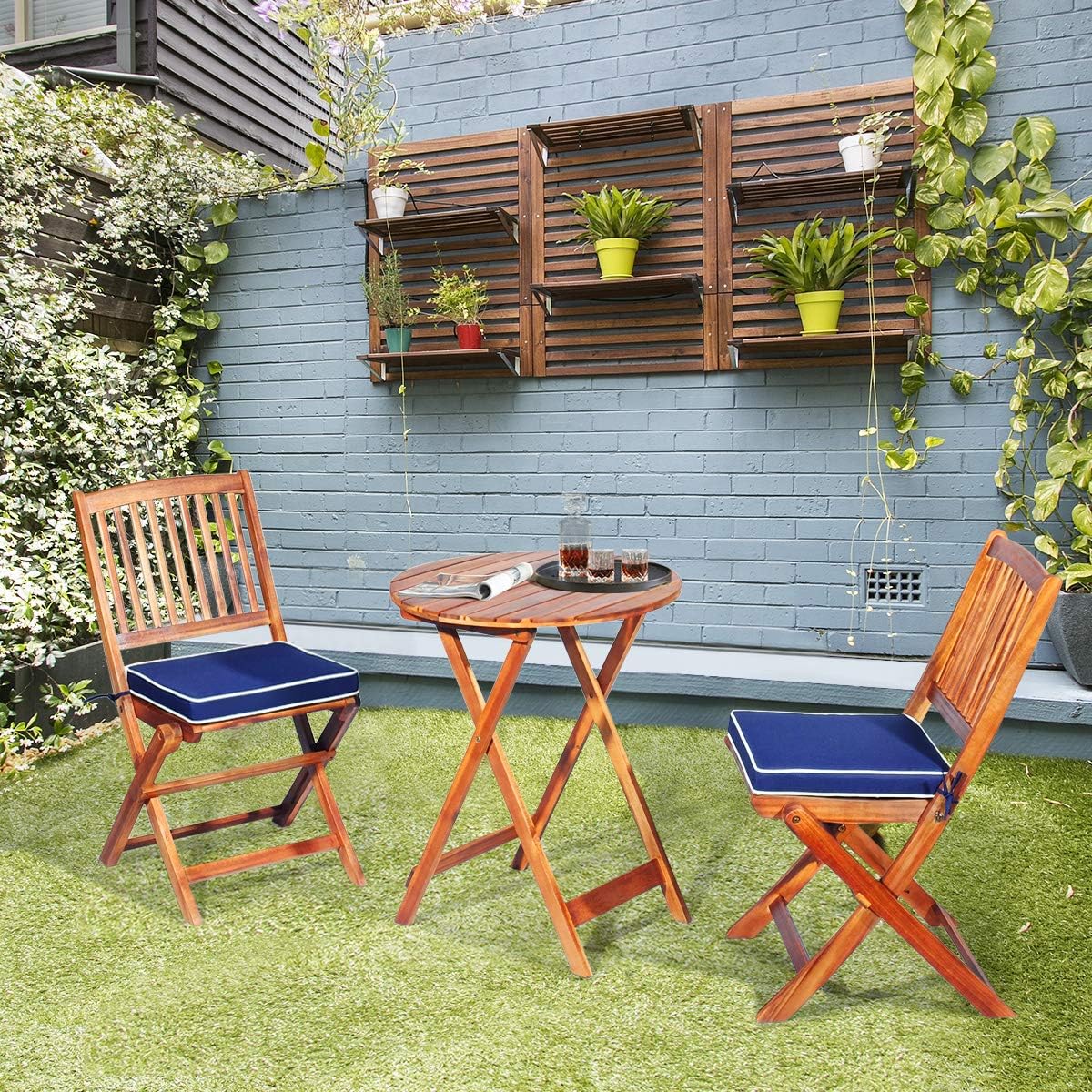 3Pcs Patio Bistro Set, Wood Folding Table Set, 2 Cushioned Chairs
