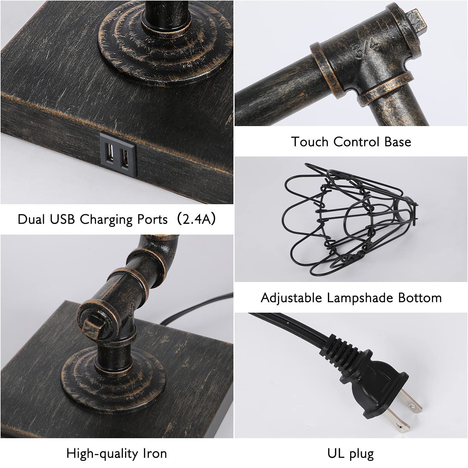Steampunk Table Lamp, Industrial Desk Lamp with USB Ports
