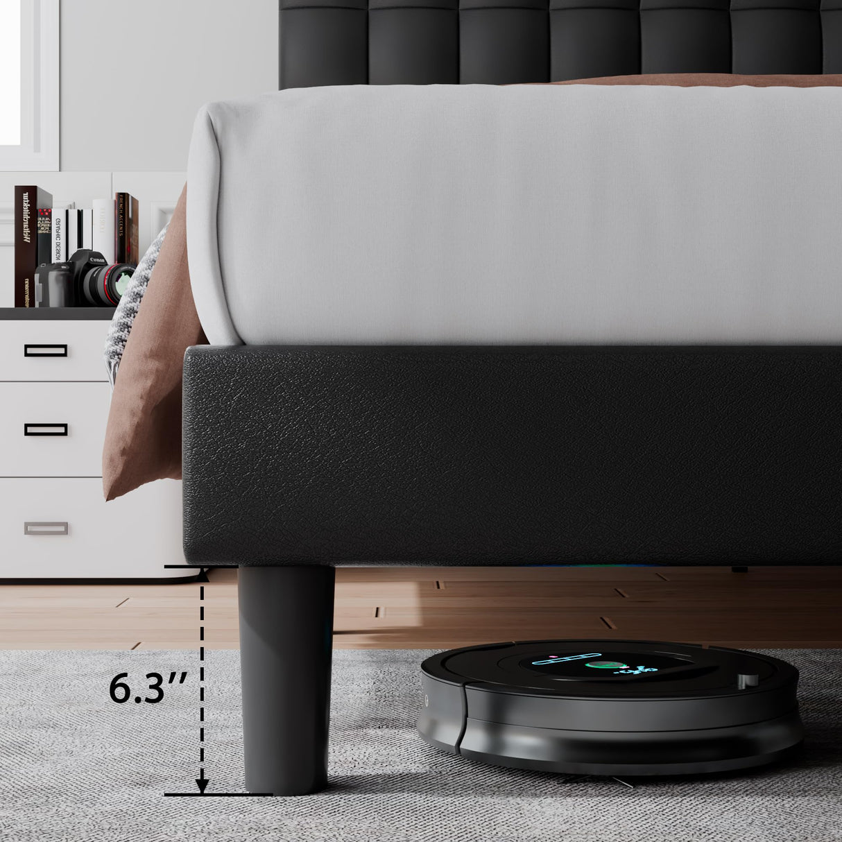 King Size Platform Bed Frame, Faux Leather Upholstered Bed Frame with Square Tufted