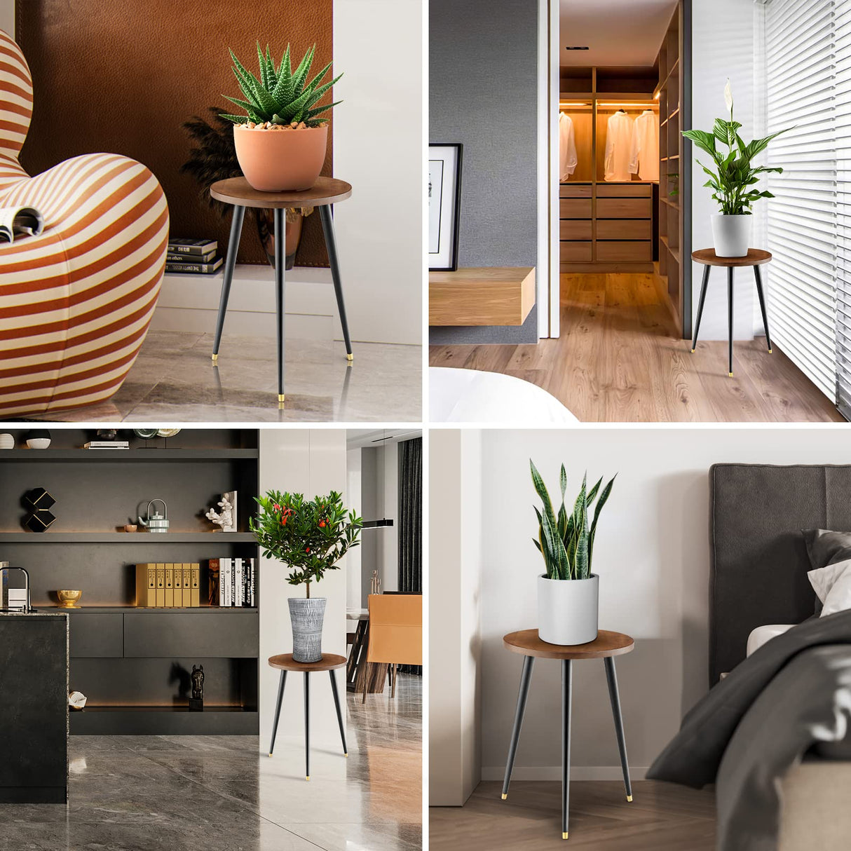 KINNARY Adjustable Walnut Metal Plant Stand – 16” Elegant Indoor & Outdoor