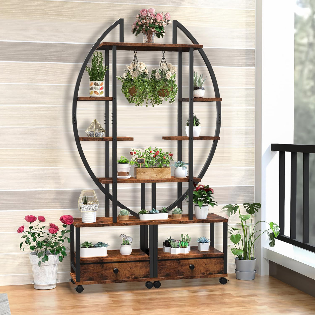FRIZIONE 6-Tier Rustic Brown Metal Plant Stand – Multi-Layer Rolling Display Shelf