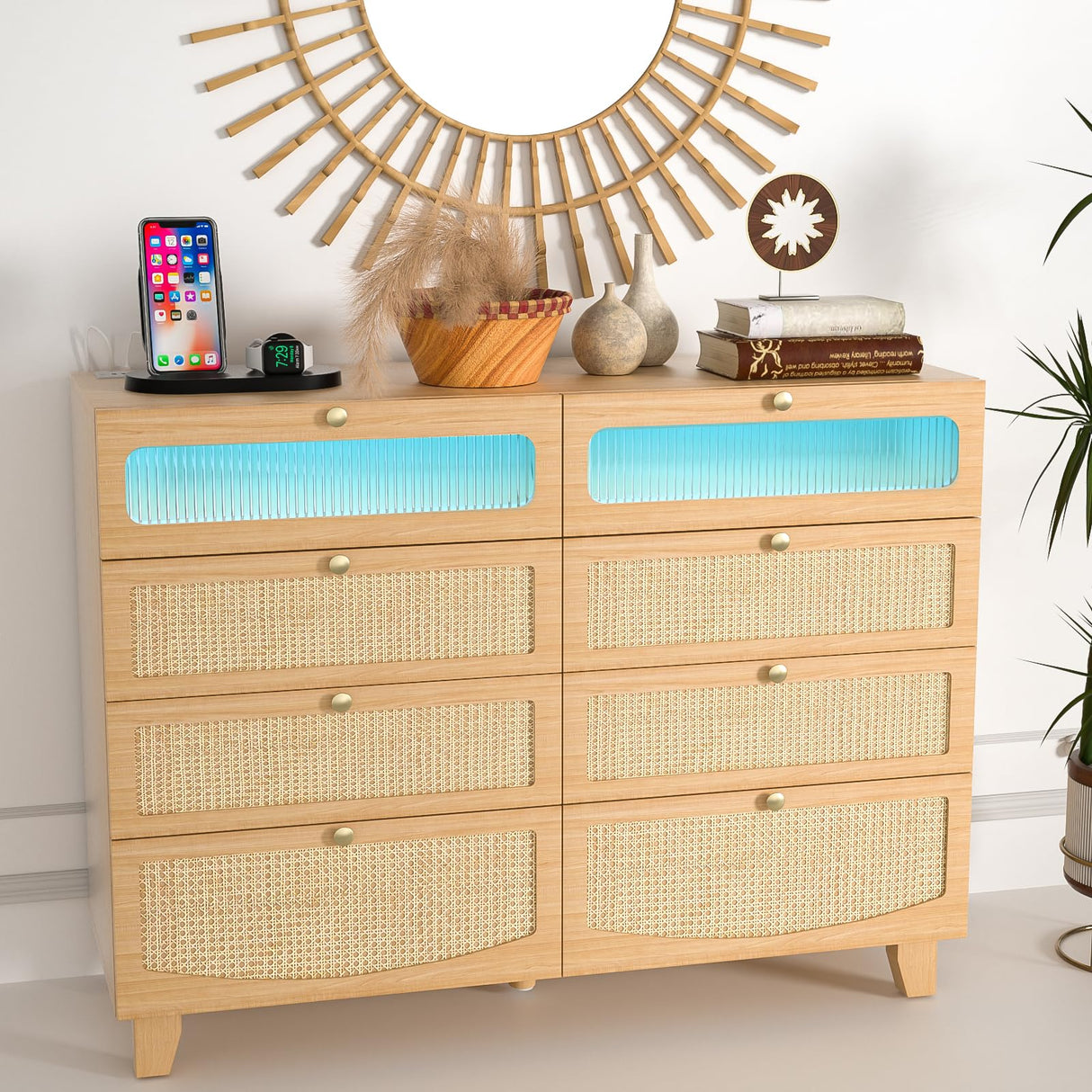 Dresser for Bedroom with 8 Drawers, Double Dresser with LED Lights