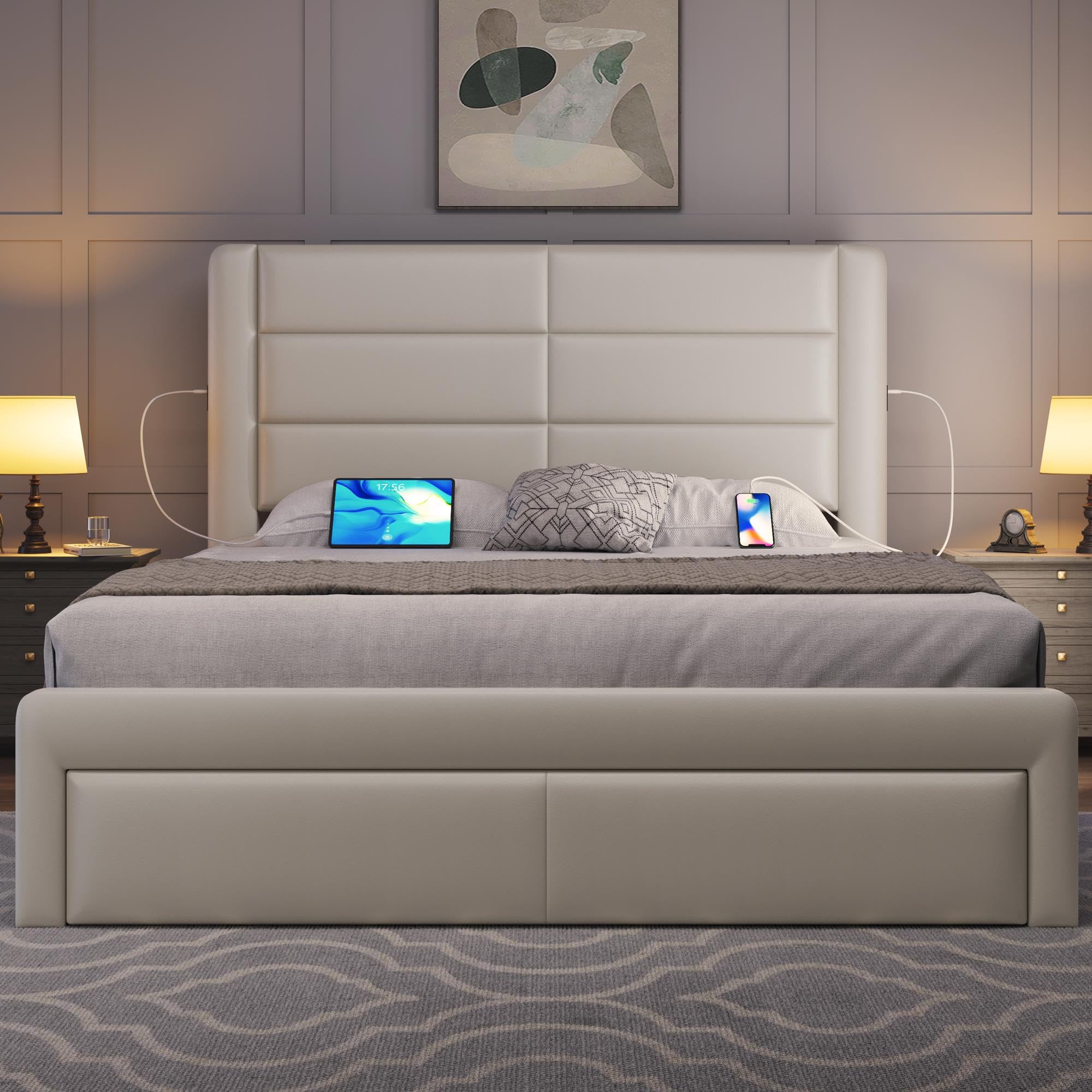 Queen Size Bed Frame with 2 USB Charging Station
