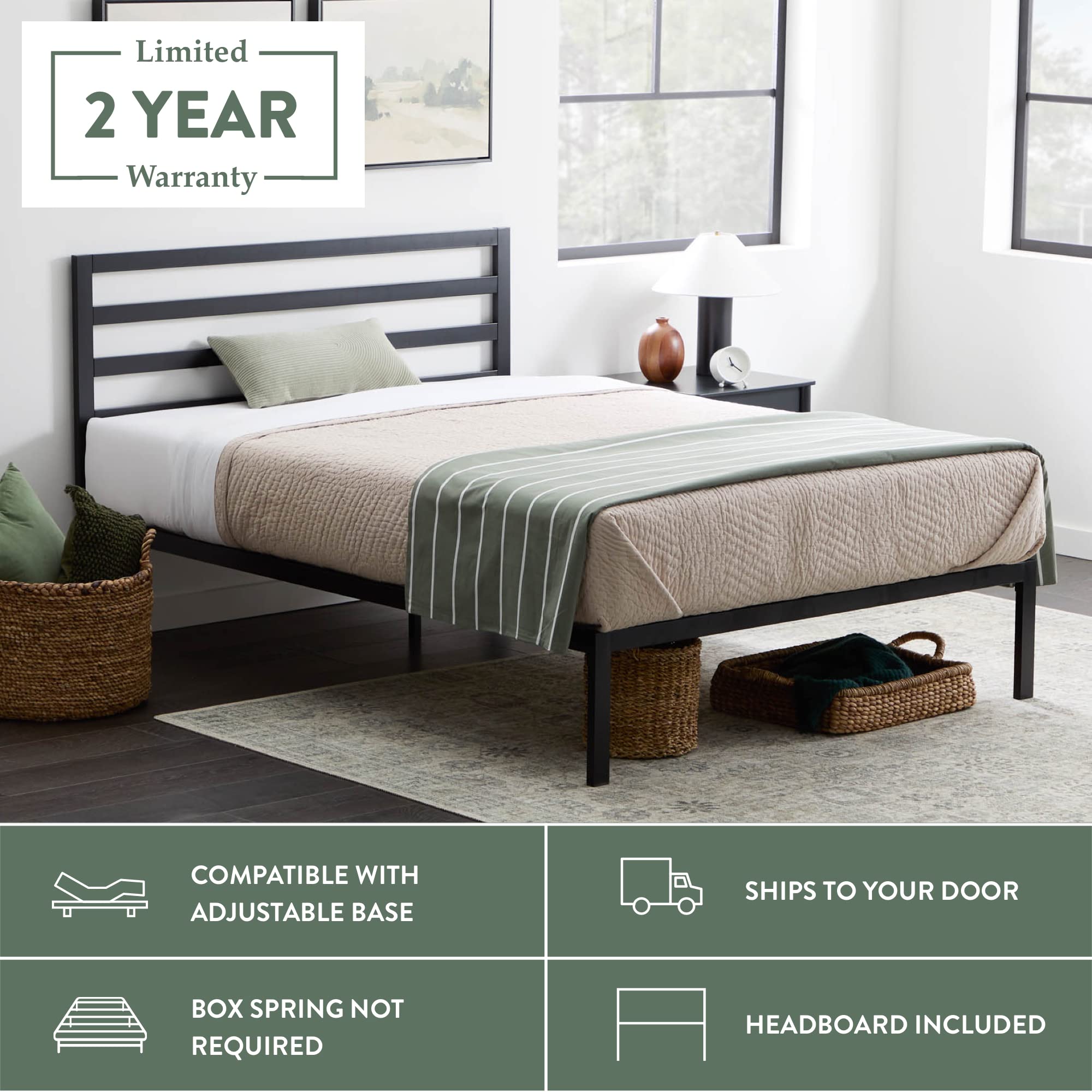 Cassidy Metal Platform Bed Frame with Metal Headboard - Box Spring Not Required