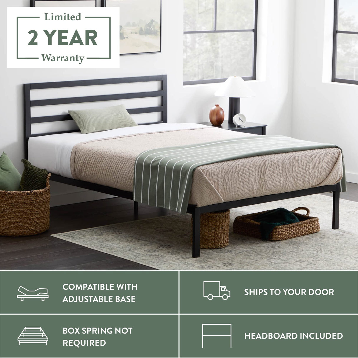 Cassidy Metal Platform Bed Frame with Metal Headboard - Box Spring Not Required