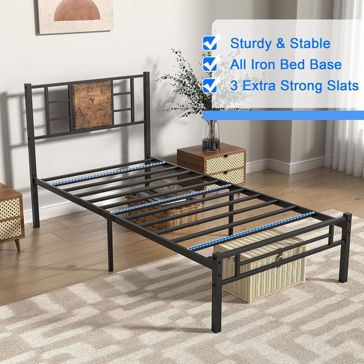 Twin Size Bed Frame with Headboard, Heavy-Duty Platform with Steel Slats Support
