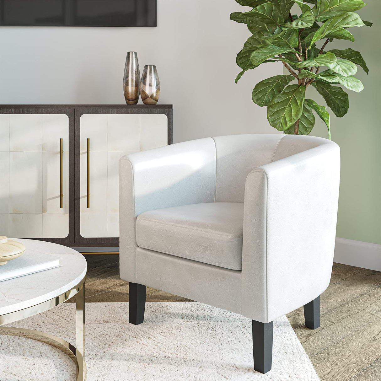 Living Room Chair, Faux Leather Accent Chair Barrel Round Club Tub Sofa Chair